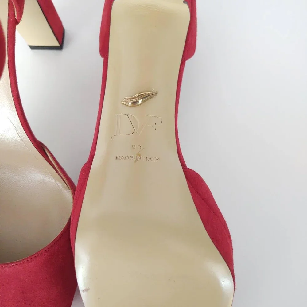 Crimson red suede ankle strap platform pump